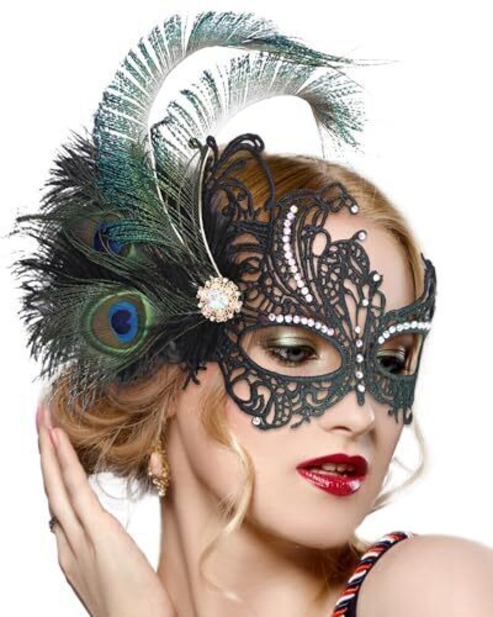 3028 Feather Green Masquerade Mask - Halloween Lace Eyemask with Removable